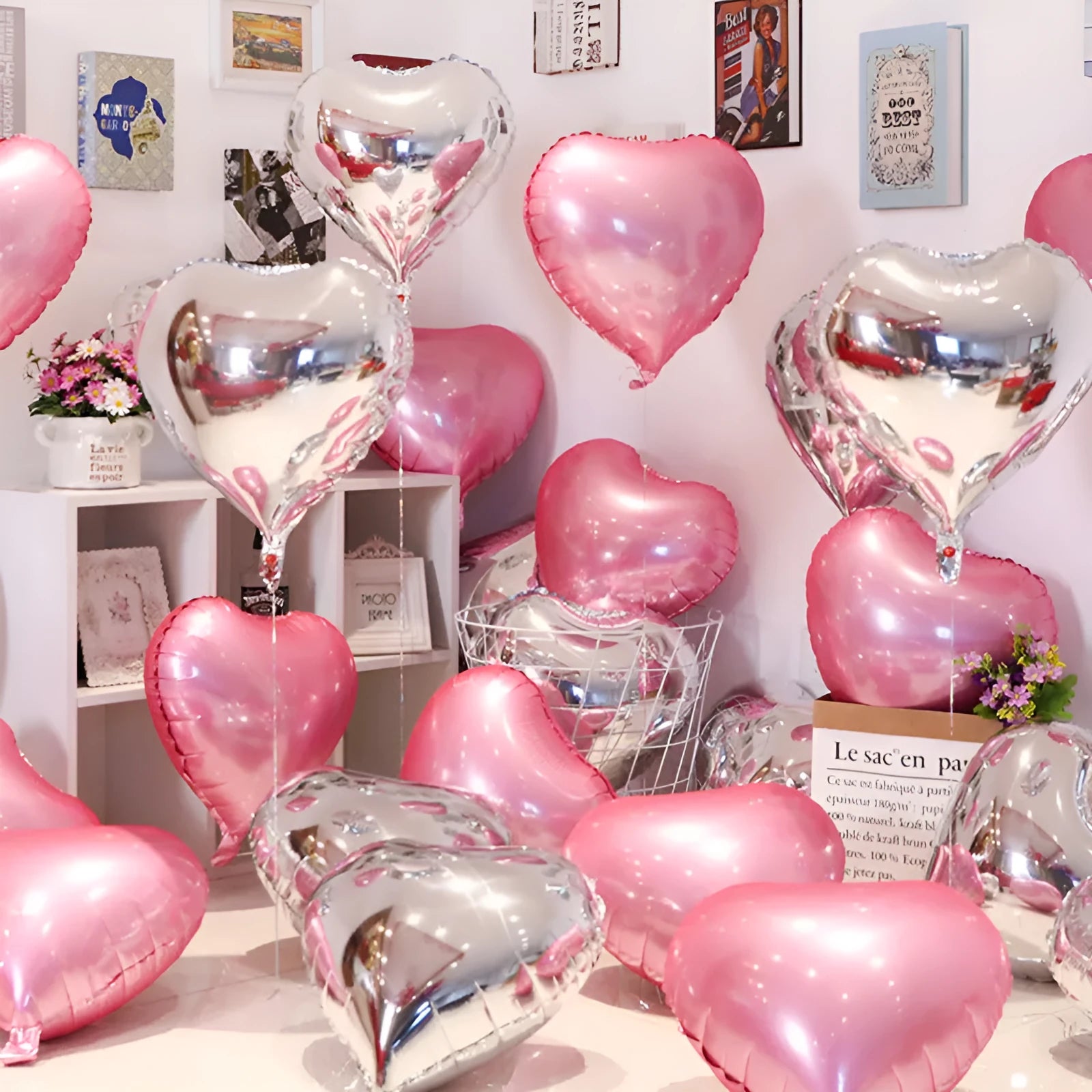 Five peach heart shaped aluminum foil balloons in metallic colours for party decoration