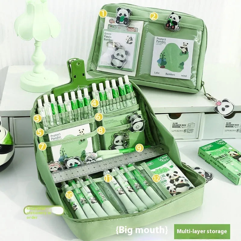 Green canvas panda pencil case with 12 zippered layers for stationery organisation
