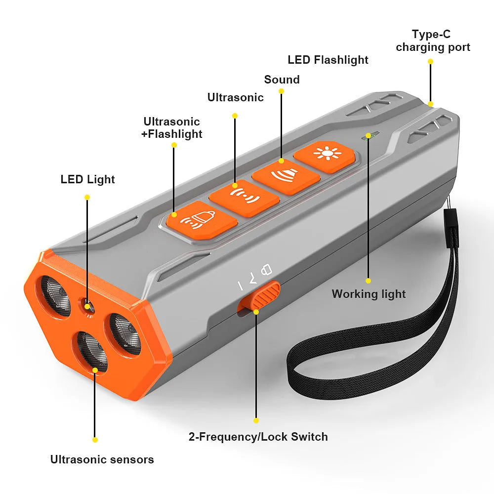 Three head ultrasonic dog trainer with LED light in grey and orange colour.