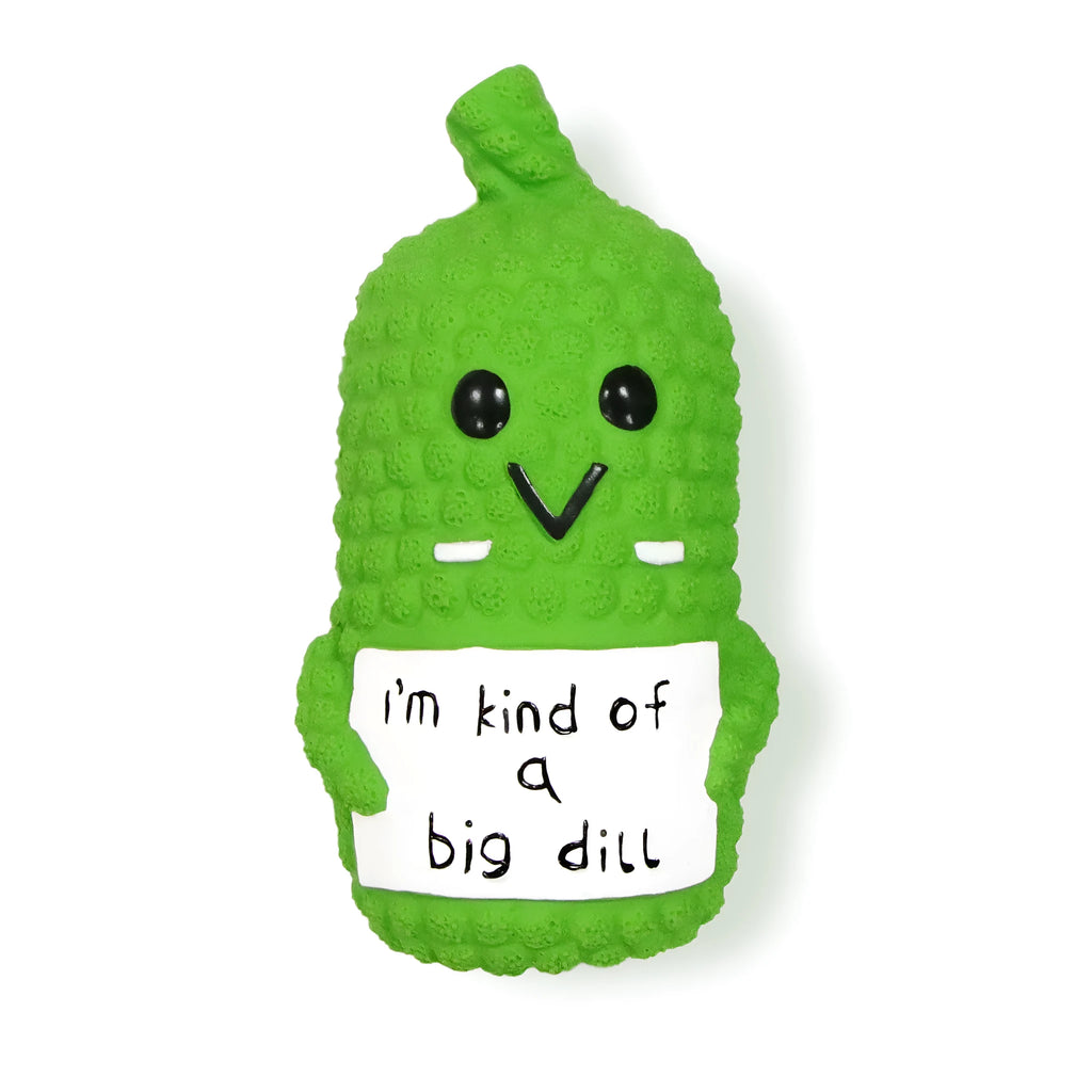 Green pickle shaped latex dog chew toy with textured surface and squeaker inside