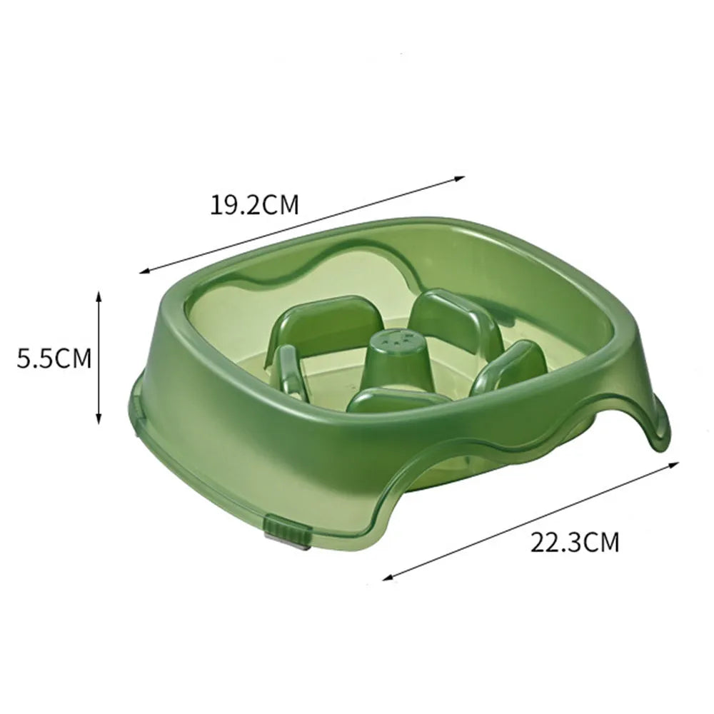 Blue plastic slow feeder dog bowl with raised internal maze pattern to prevent fast eating.