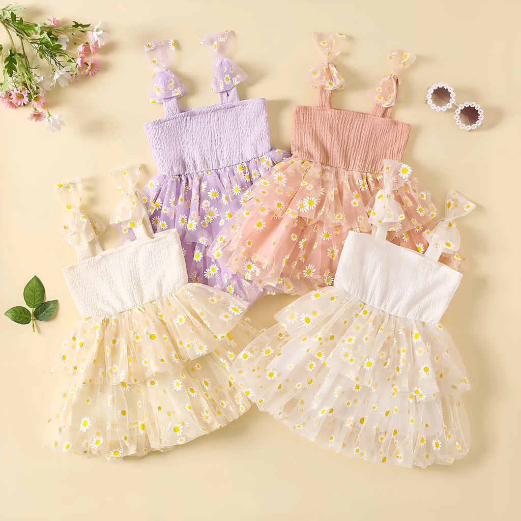 Flower mesh girls' princess dress with cotton lining and suspenders, available in multiple colours and sizes for summer