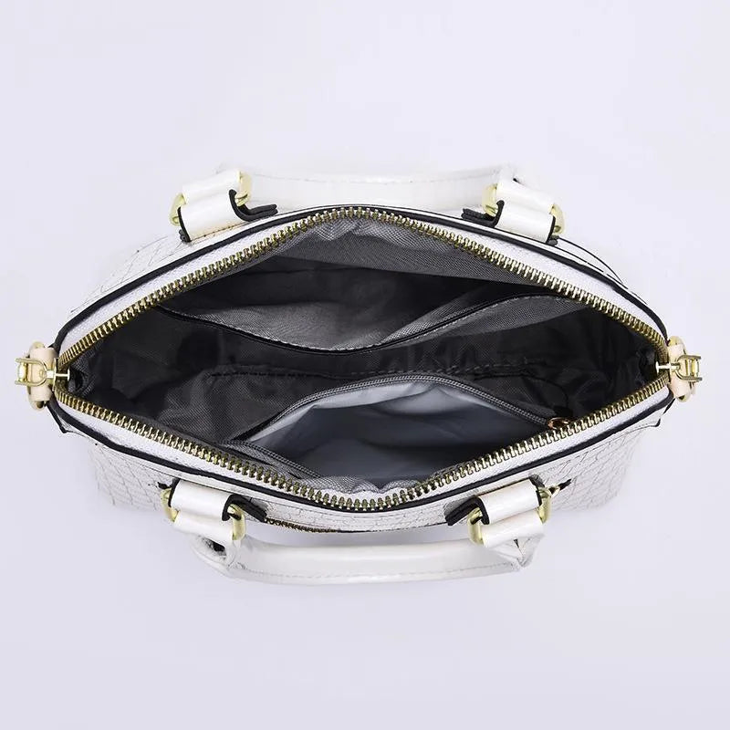 Women's PU crossbody bag shell shape patent leather finish metal detail solid colour daily handbag