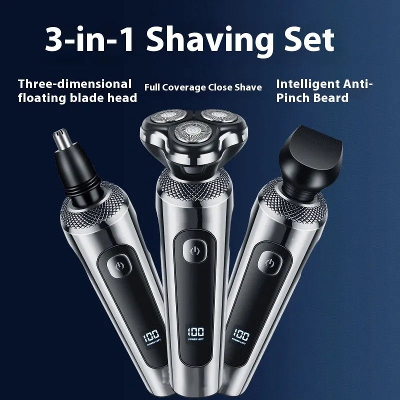 USB rechargeable beard trimmer with digital LED display and five-in-one comb base bracket.