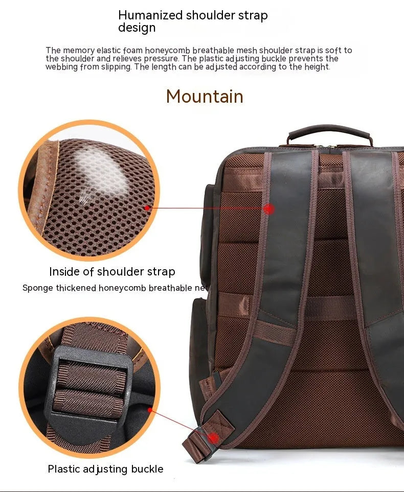 Dark brown Retro Crazy Horse leather backpack for a 17-inch laptop, showing internal organiser pockets.
