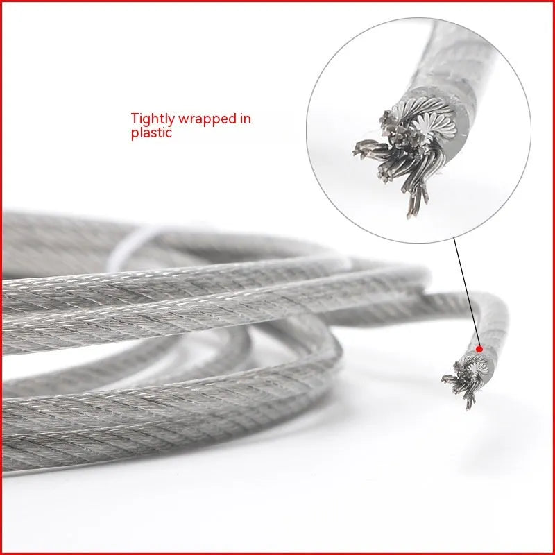 Close-up of black coated 304 stainless steel multi-strand security cable for anti-theft use.