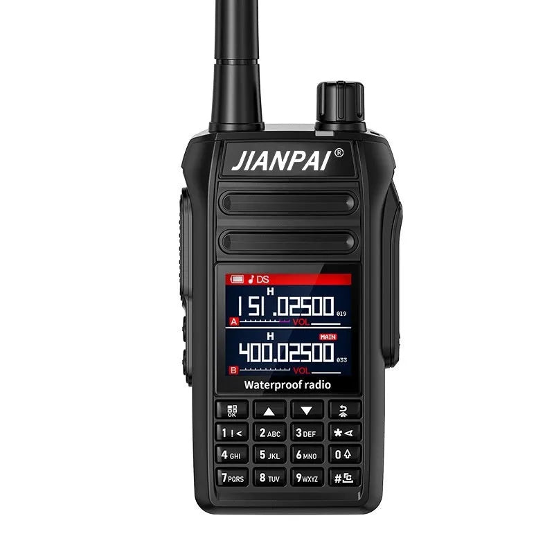 Black Interphone aviation full band radio communication headset with complete kit including battery, antenna, and charging equipment