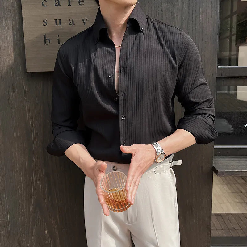Men's dark striped V-neck long sleeve cardigan shirt in polyester blend fabric
