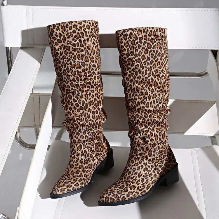 Brown leopard print women's boots with a chunky square heel and high cylinder shaft.