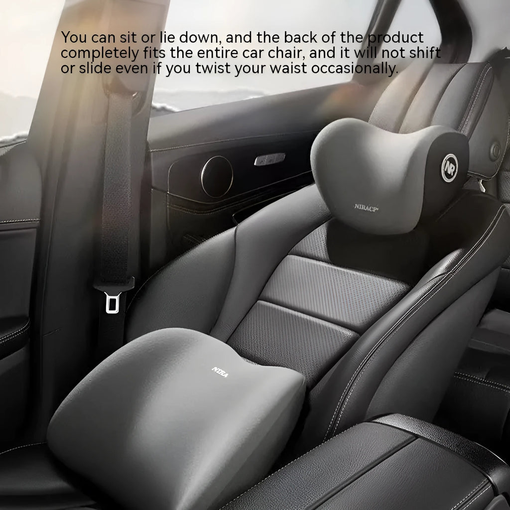 Black car headrest and lumbar support pillow set with memory foam filling on grey car seat