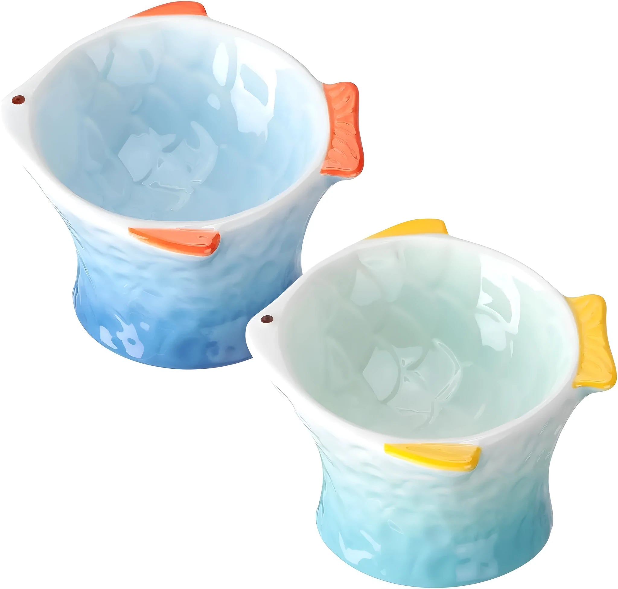 Set of four coloured fish-shaped ceramic cat bowls with elevated tilt design on a table.