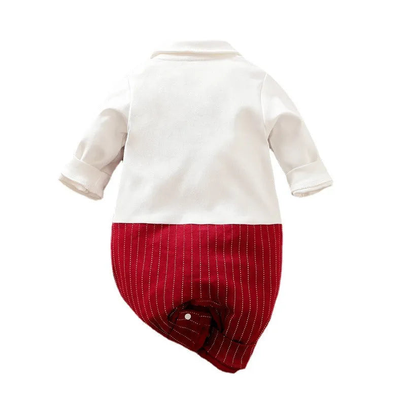 Wine red cotton baby boy romper one-piece suit with long sleeves for autumn wear