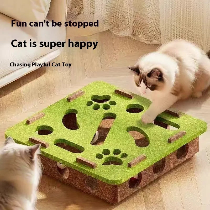 Green brown felt cube cat toy with holes for pet play and boredom relief.