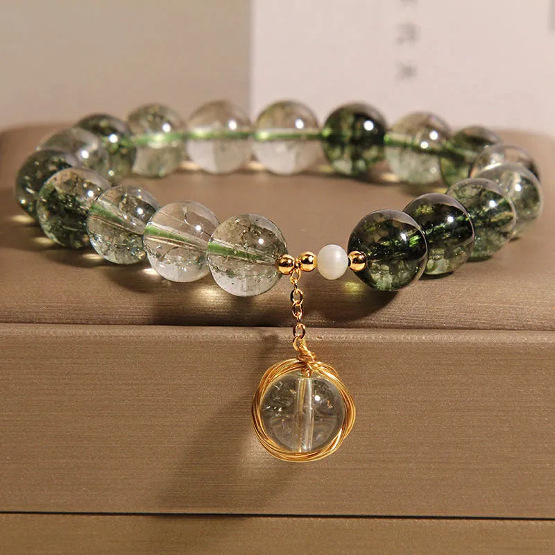 Green phantom quartz and crystal women's bracelet in Japanese Korean style.
