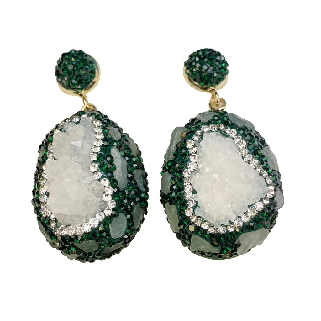 Dark green copper drop earrings with crystal bud and inlaid emerald, geometric style for women