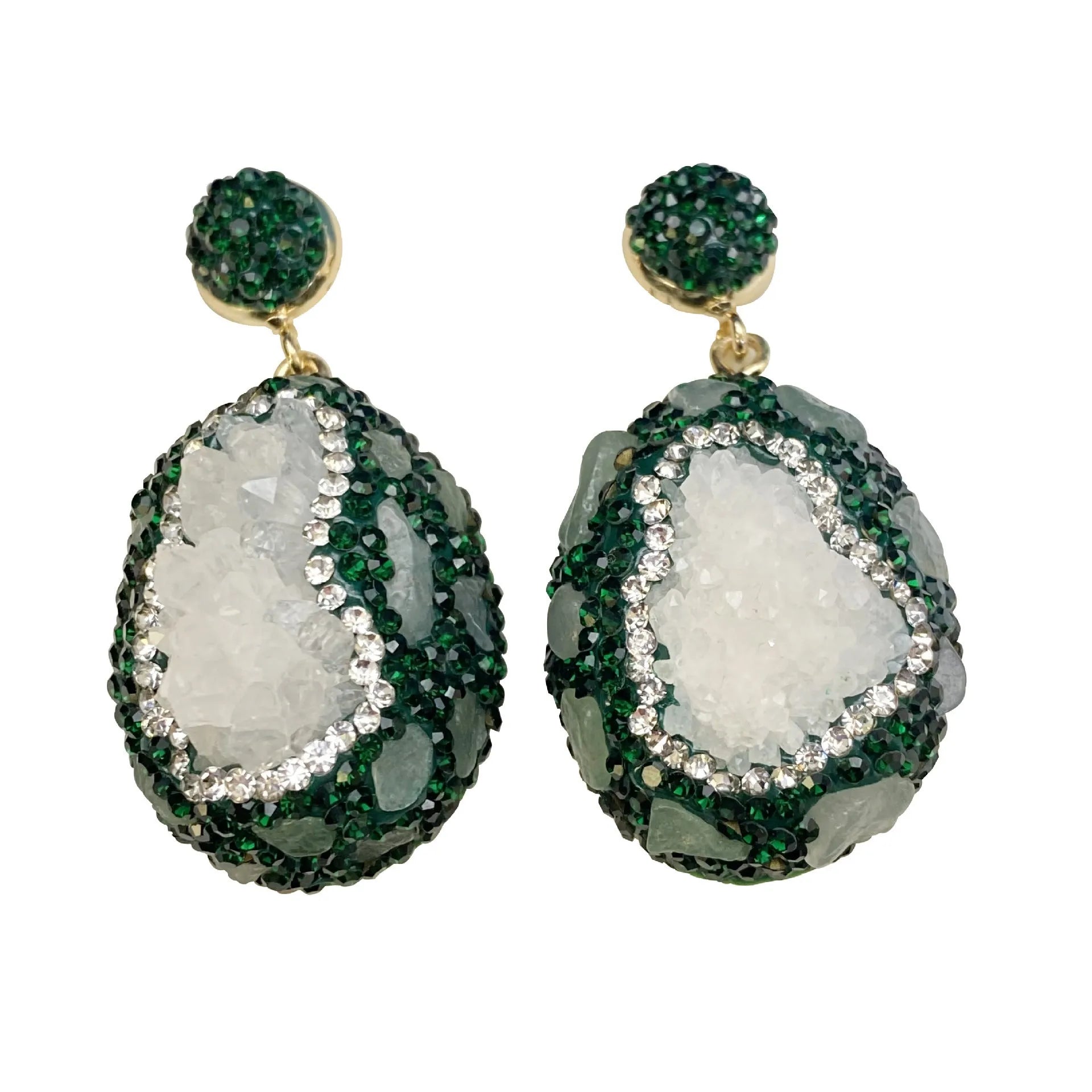 Dark green copper drop earrings with crystal bud and inlaid emerald, geometric style for women