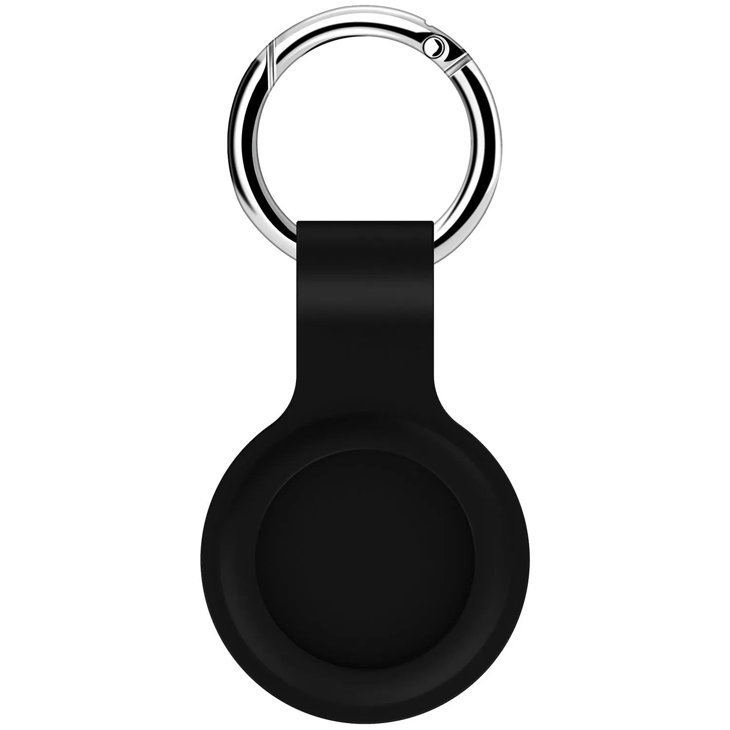 Silicone protective case for Apple AirTag with metal snap button in assorted colours on a keyring.