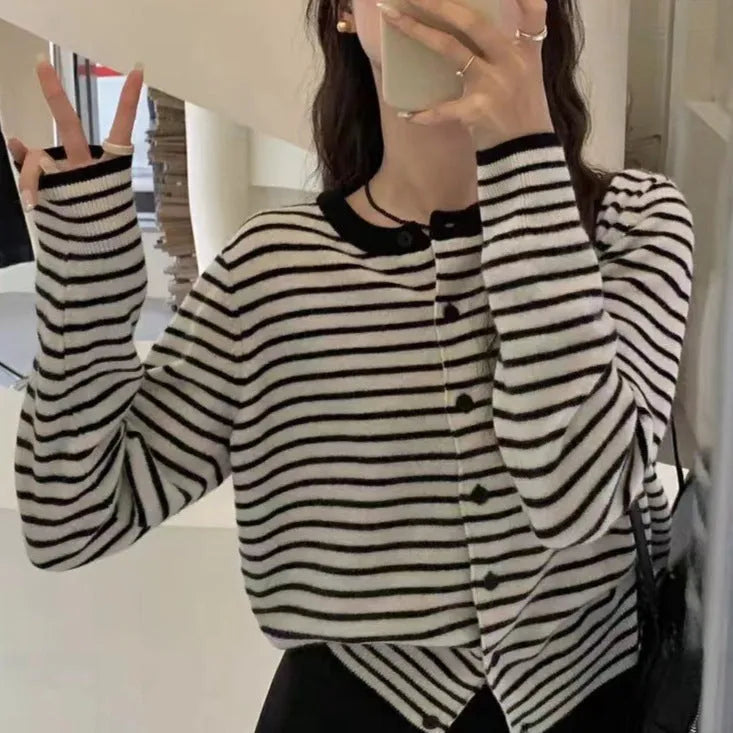 Women's French style slim fit striped cardigan coat in dark grey with white stripes