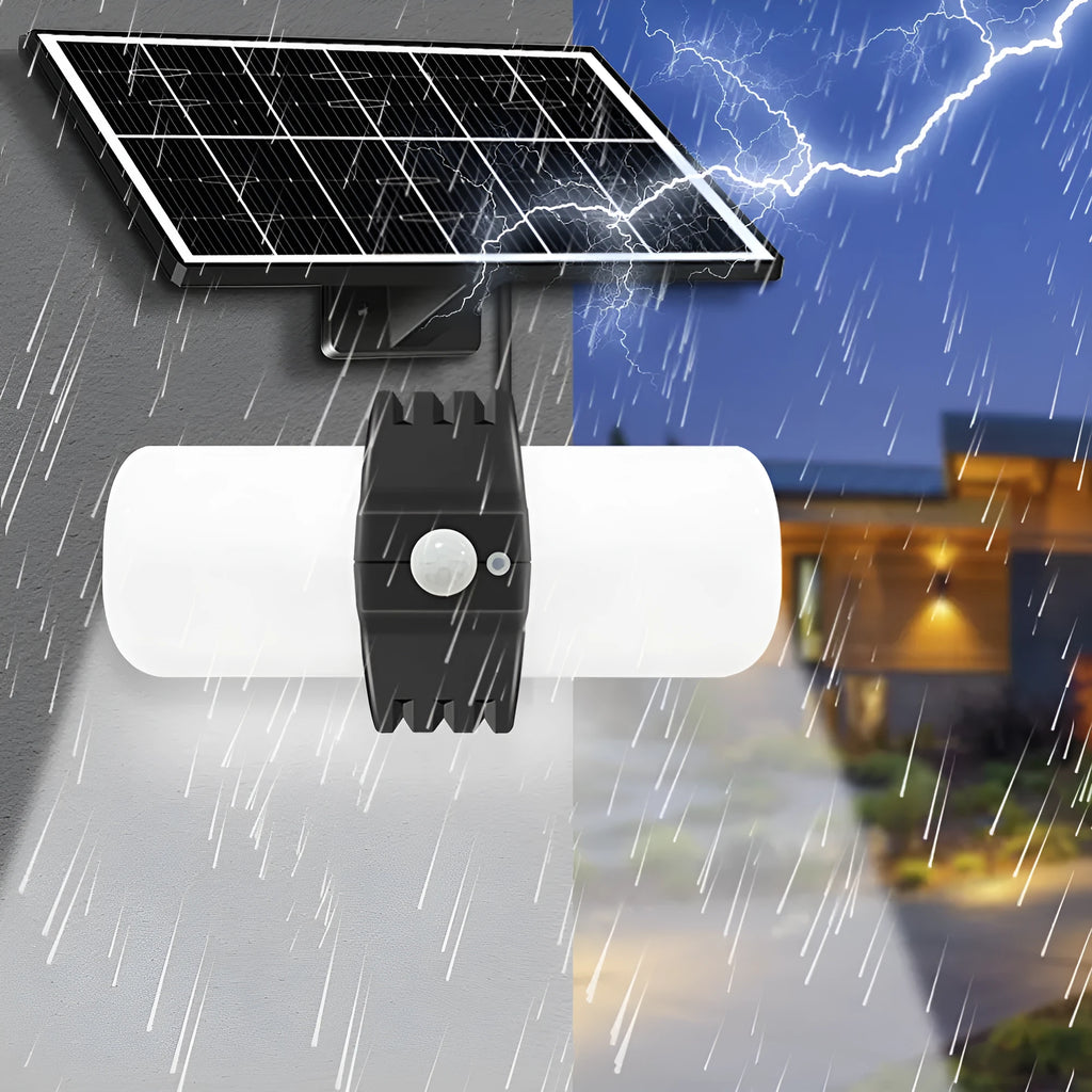 Black outdoor solar floodlight with motion sensor and three lighting modes