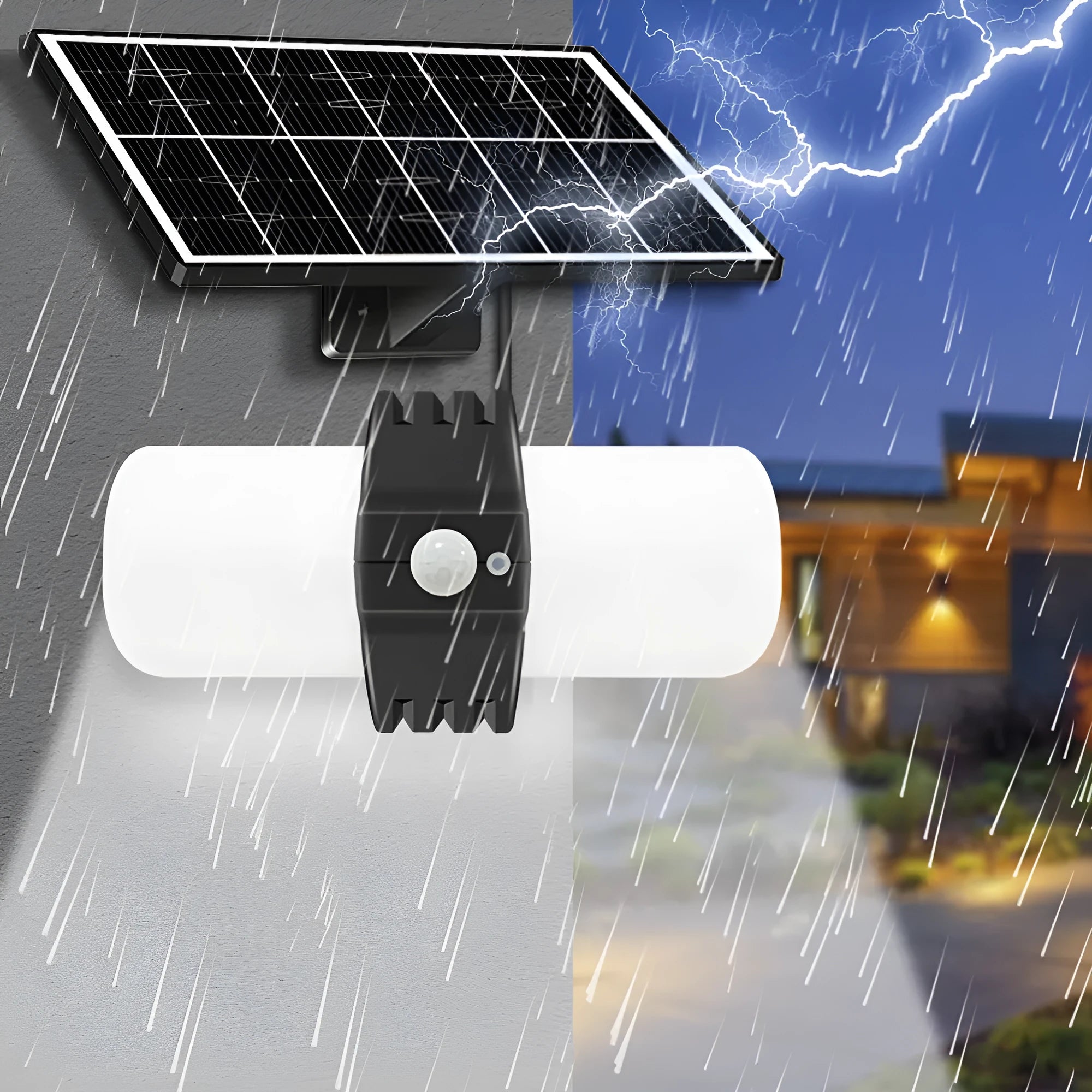 Black outdoor solar floodlight with motion sensor and three lighting modes