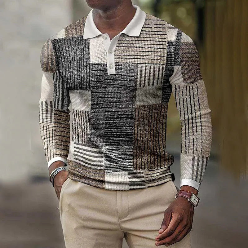 Men's grey striped long-sleeved top with 3D printed pattern, casual style