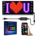 Ultra-thin programmable LED display screen showing custom animated text, bent to demonstrate flexibility.
