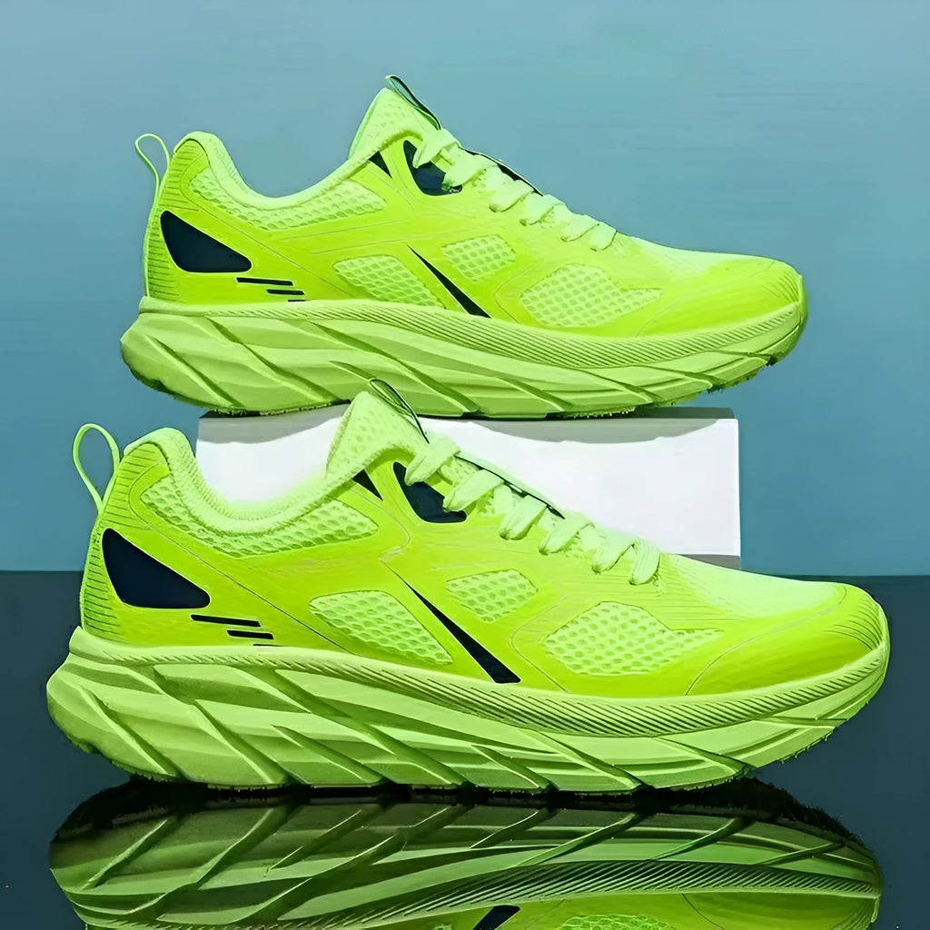 Unisex mesh casual running shoes in red, beige, green, grey, and black colours with round toe design.