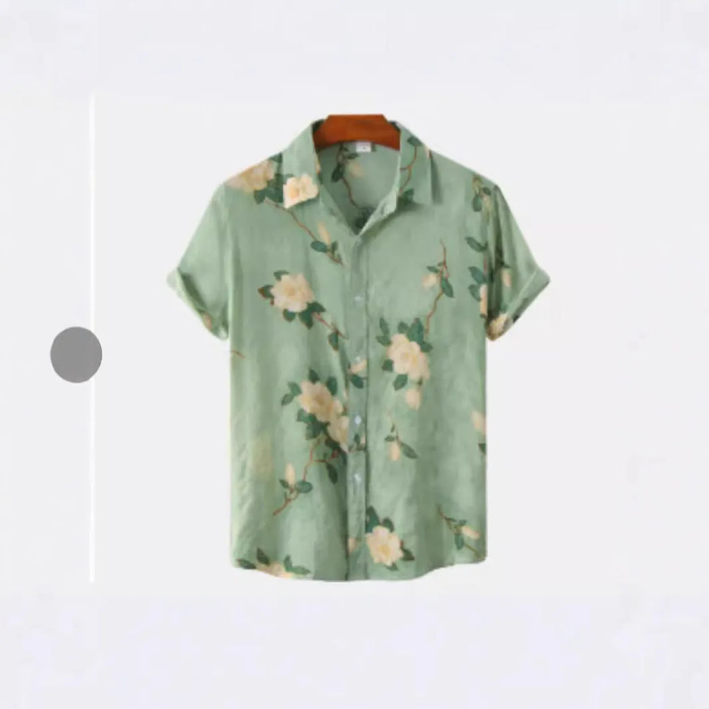 Floral print Hawaiian lapel short sleeve shirt on a hanger