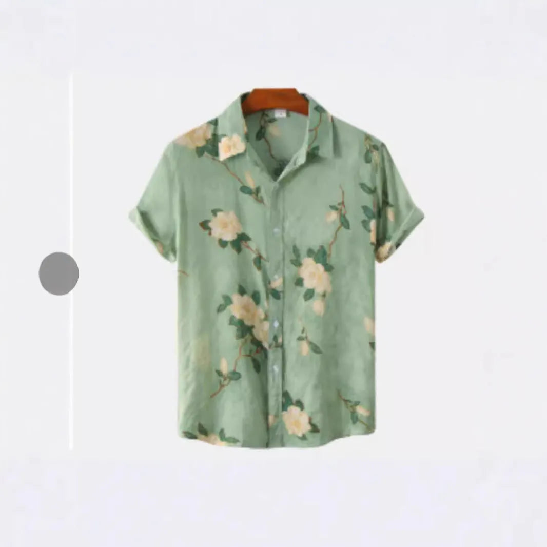 Floral print Hawaiian lapel short sleeve shirt on a hanger