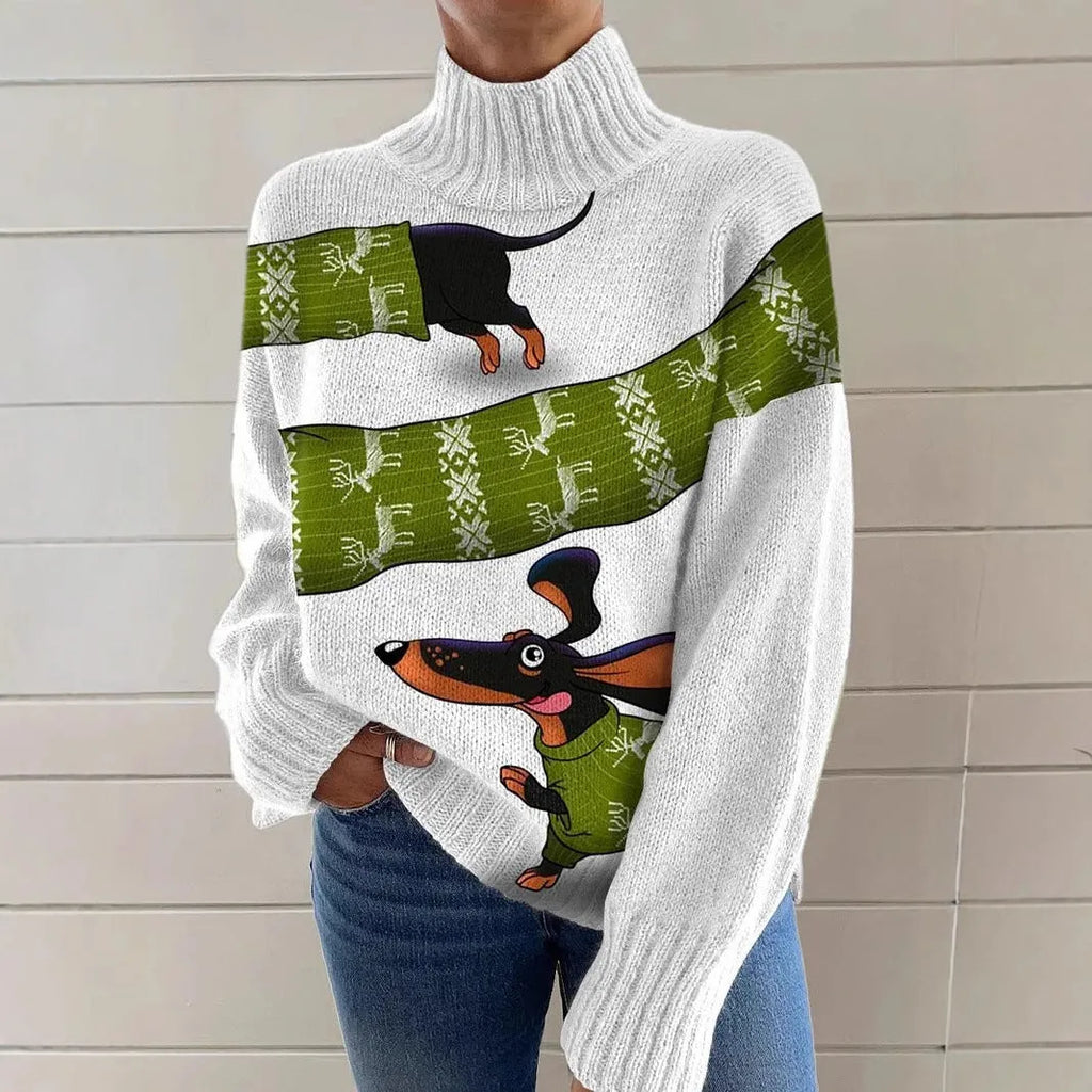Women's Christmas printed turtleneck sweater in loose-fit casual style with long sleeves