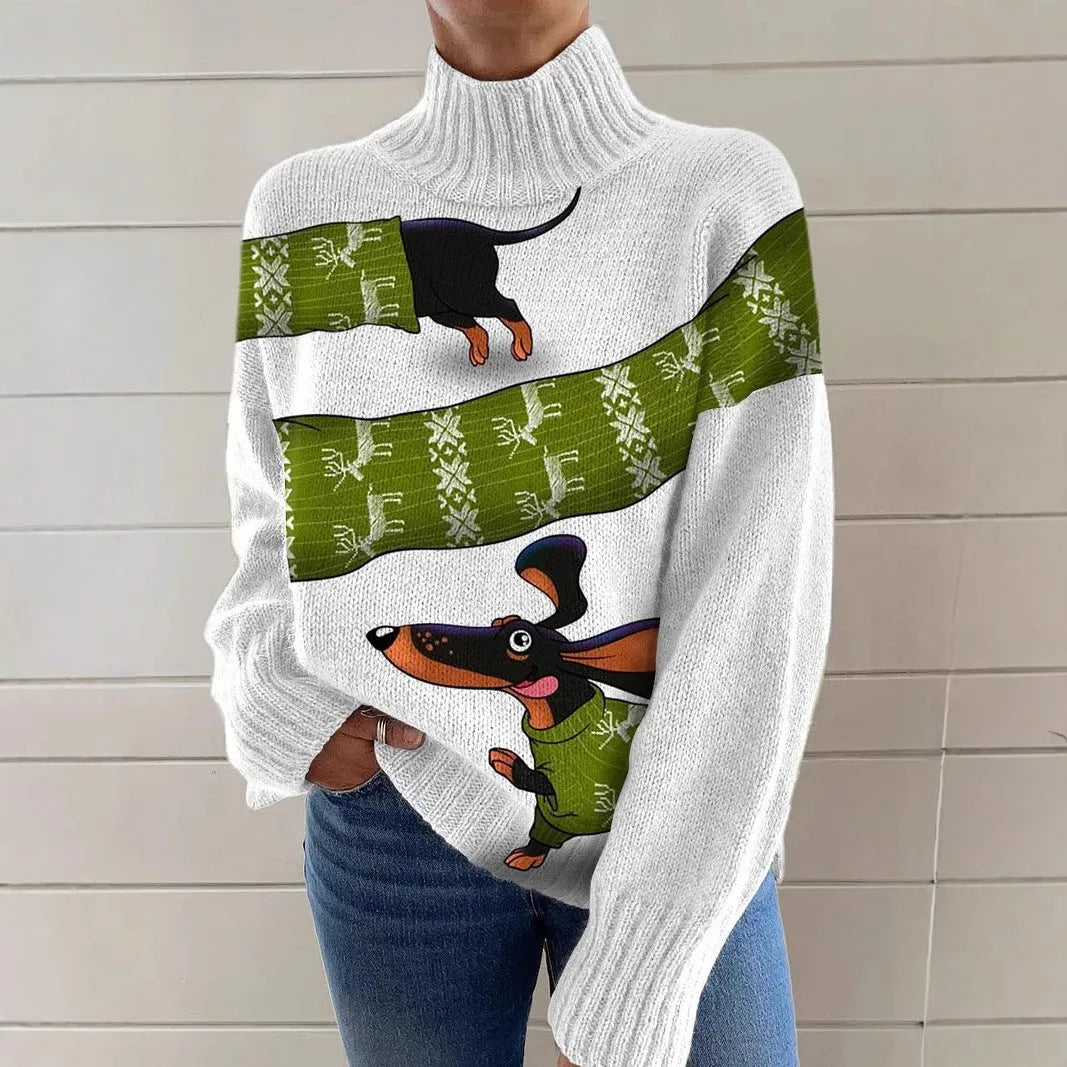 Women's Christmas printed turtleneck sweater in loose-fit casual style with long sleeves