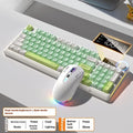 Blue and white wireless keyboard and mouse set with ball cap keycaps on a desk