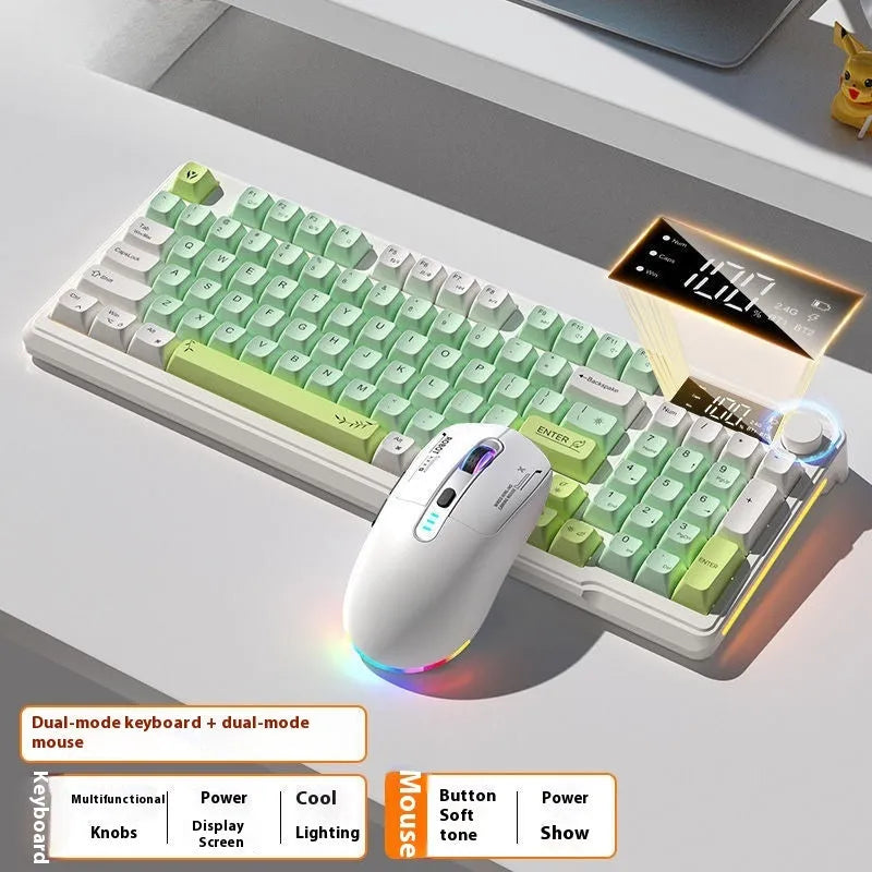 Blue and white wireless keyboard and mouse set with ball cap keycaps on a desk