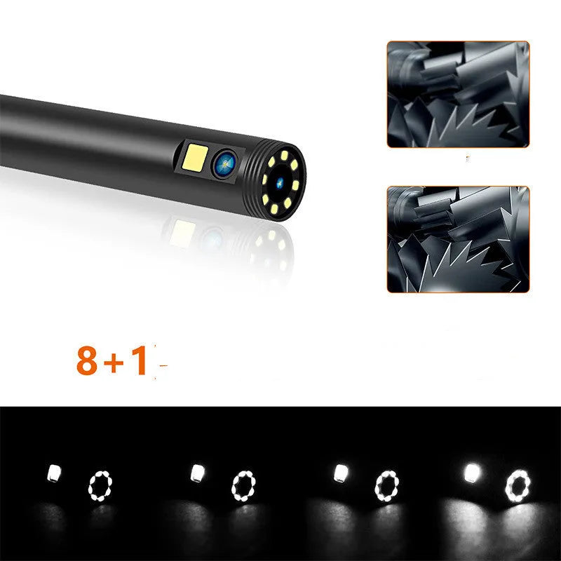 F300 wireless endoscope with dual camera probes, hook, magnet, and charging cable on a grey background.