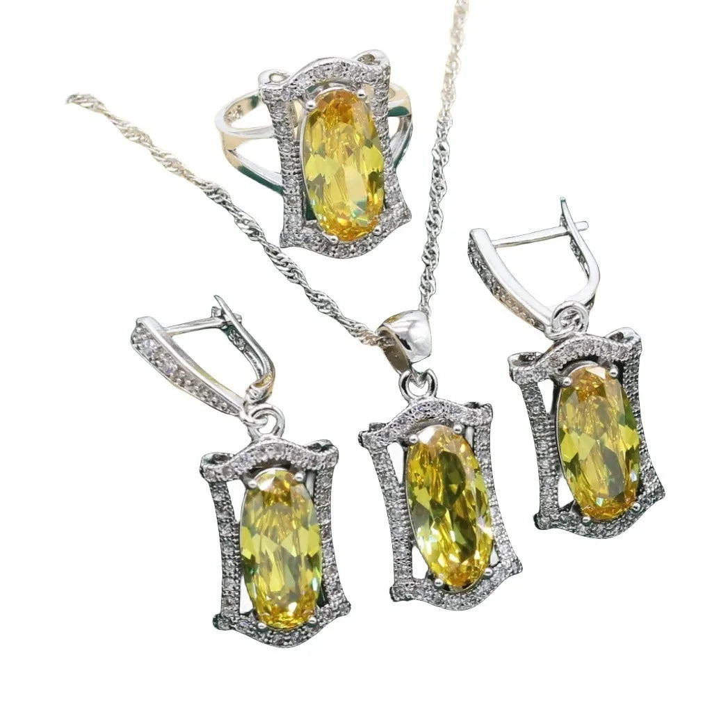 Women's anti-allergy zircon jewellery set with snake bone chain necklace, matching earrings, ring and bracelet in yellow or olive.