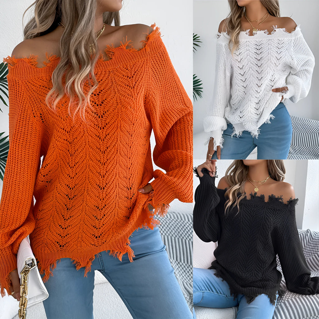White hollow-out cut off-the-shoulder acrylic wool pullover sweater on a hanger.