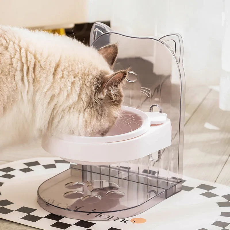 Grey adjustable height cat bowl with fixed anti-spill collar for neck protection