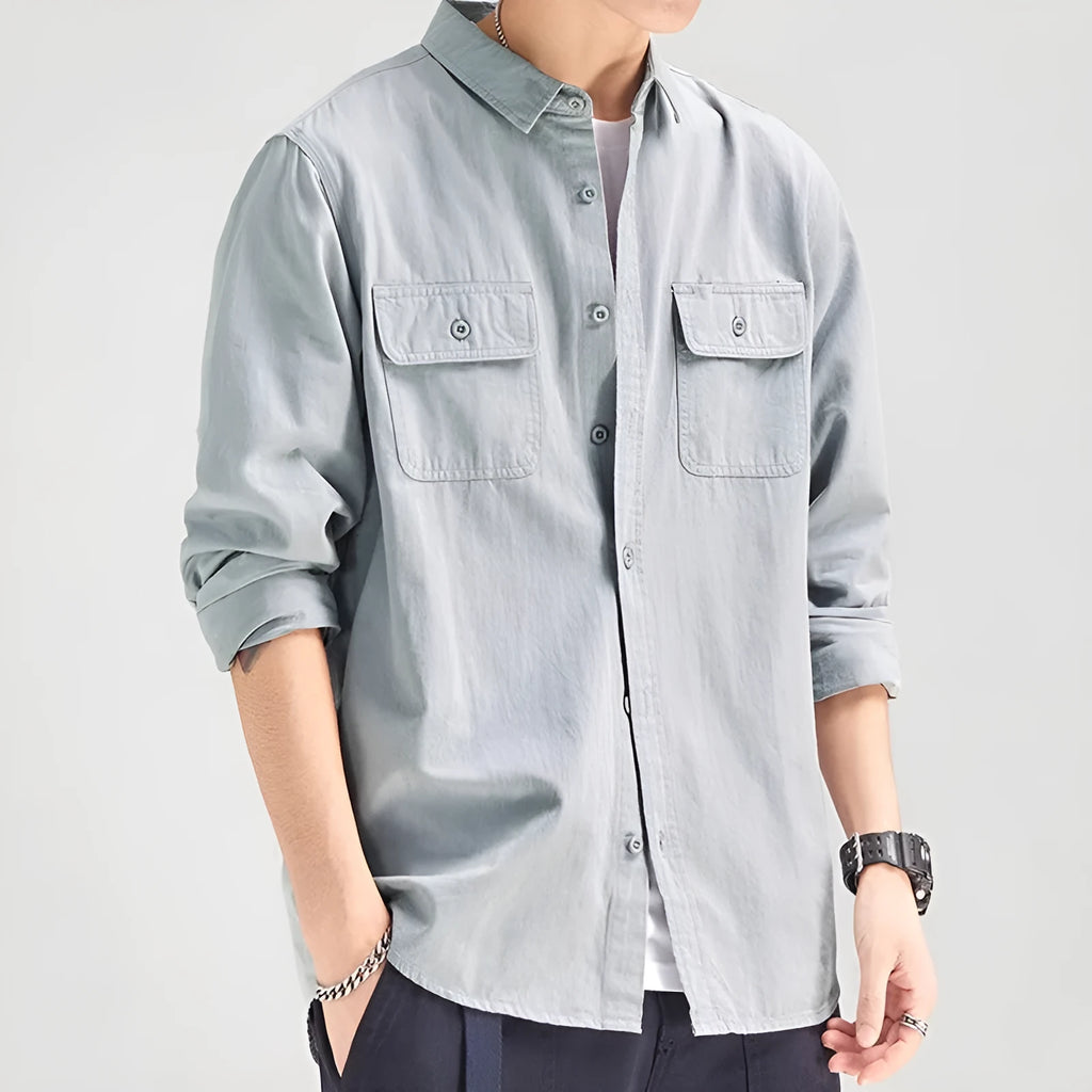 Men's loose fit long sleeve polyester shirt cardigan in light grey, black, khaki or green colours