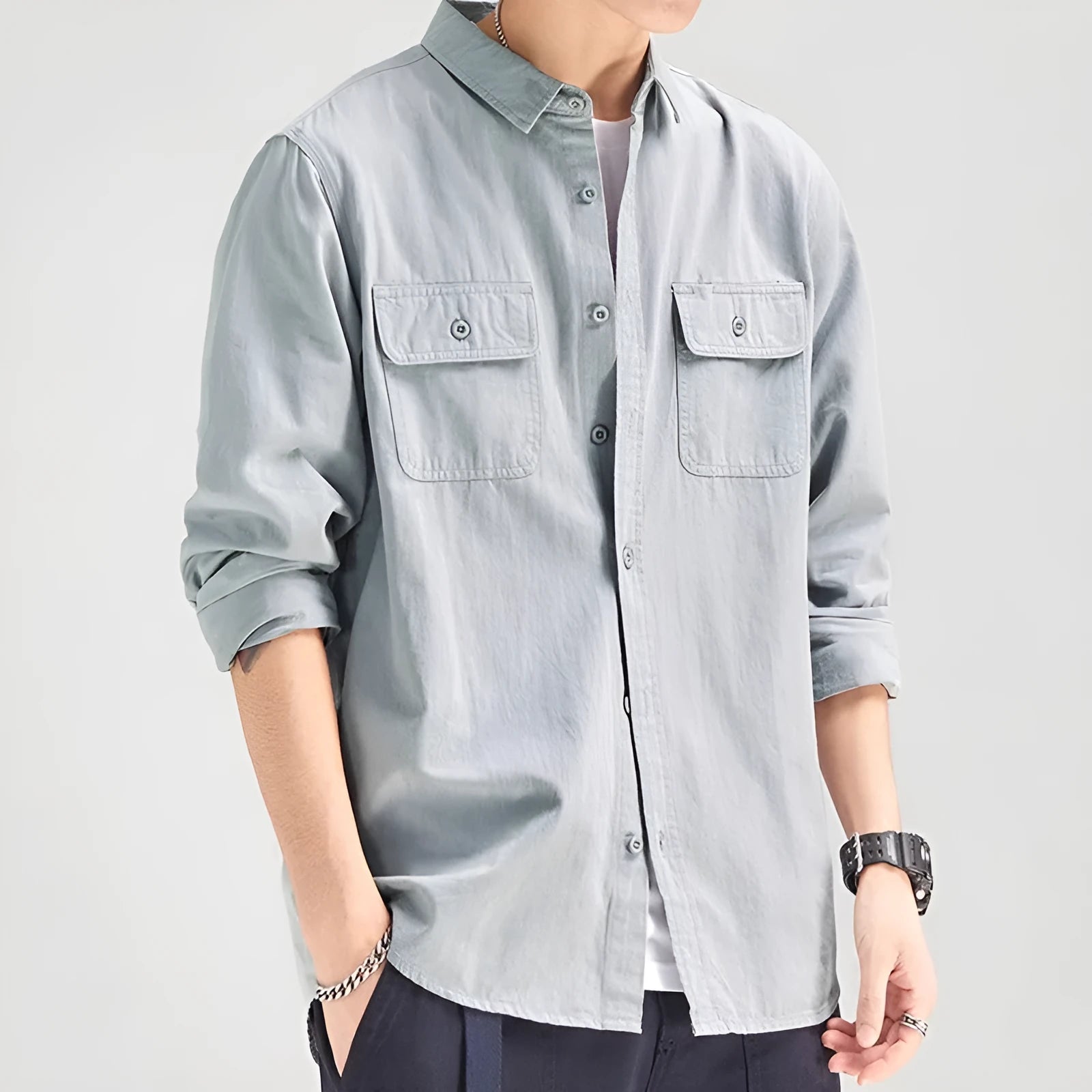 Men's loose fit long sleeve polyester shirt cardigan in light grey, black, khaki or green colours
