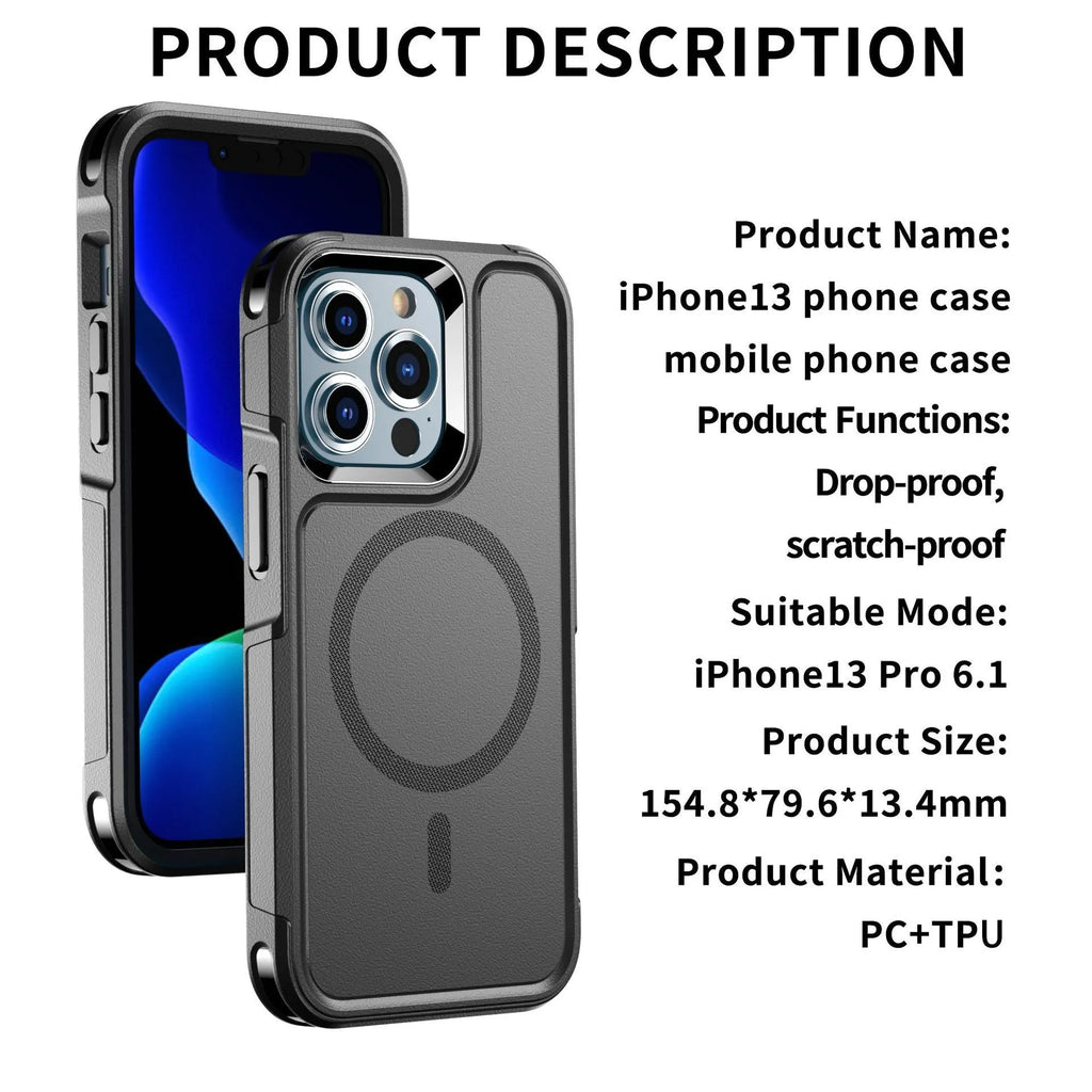 Black shatterproof magnetic phone case for iPhone 12 and 13 series showing front and back views