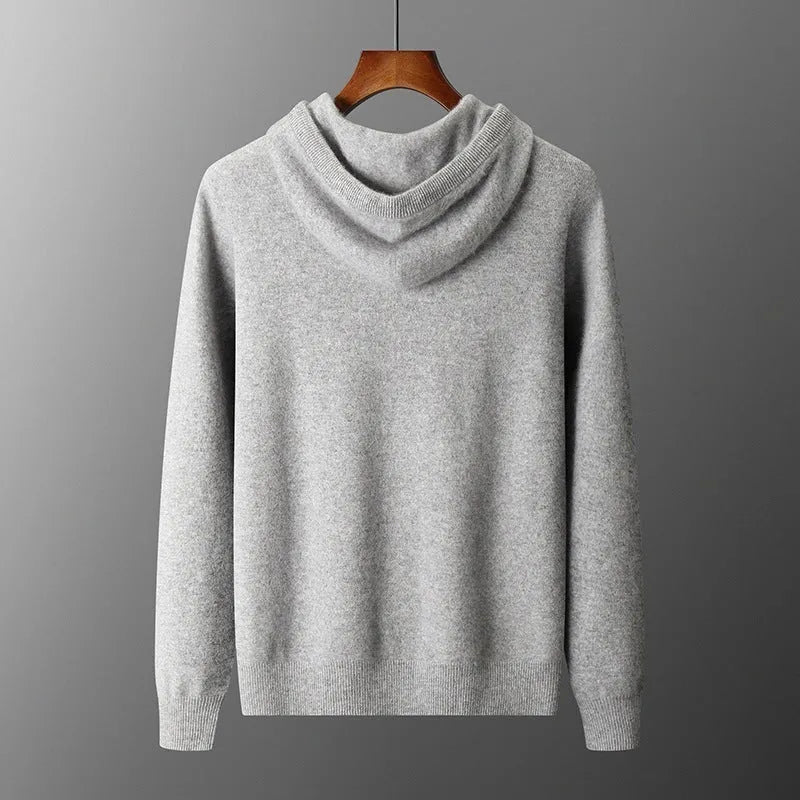 Men's light grey cashmere-blend hooded sweatshirt and matching joggers laid flat.