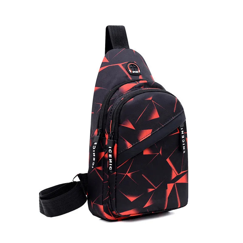 Medium blue crossbody chest bag for men with a visible earphone hole and zipper opening.