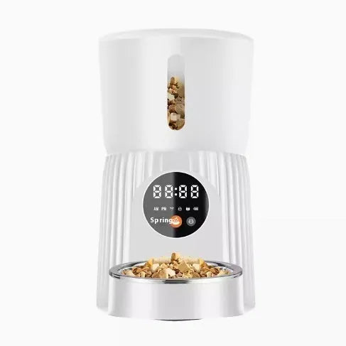 Black and white intelligent pet feeder with automatic timing and portion control for dry food