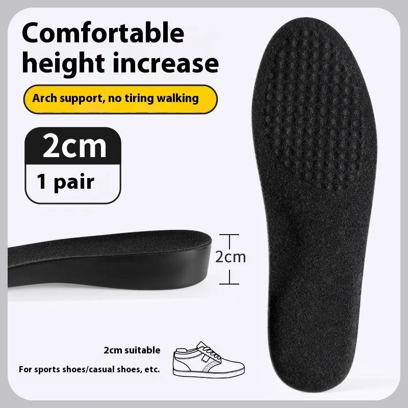 Invisible black PVC height increasing insole for men with 4cm lift, placed inside a shoe