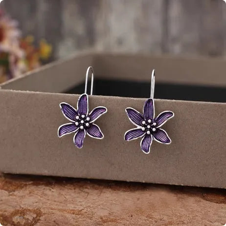 Purple retro flower alloy drop earrings with electroplated finish and butterfly clutch closure