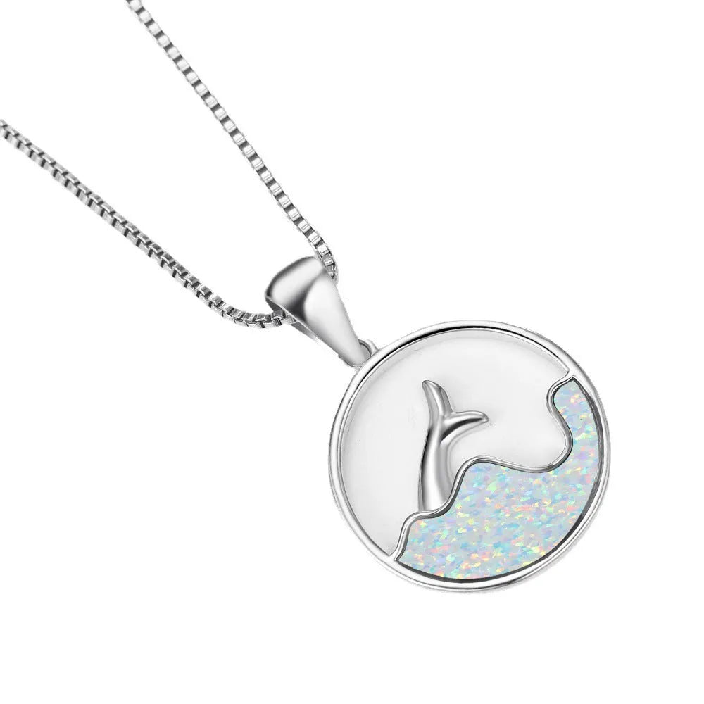 Geometric sea fishtail pendant necklace with a round blue opal stone and white gold electroplated finish