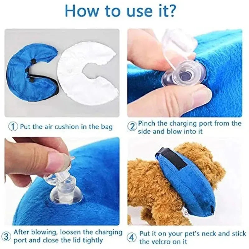 Blue inflatable pet recovery collar shown beside size chart with five measurement options