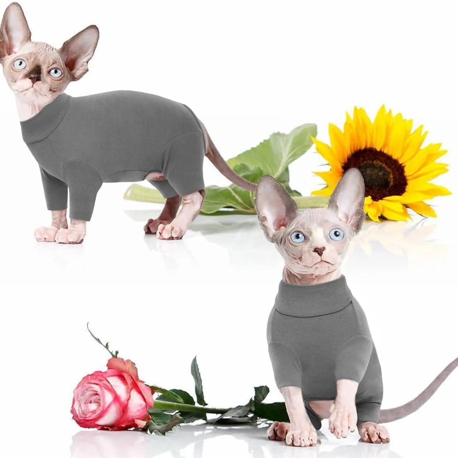 Grey turtleneck sweater for a hairless Sphynx cat with leg openings and a pullover design.