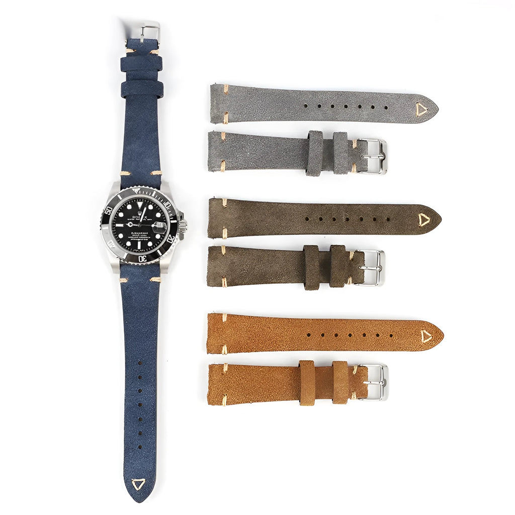 Genuine suede leather watch strap in brown, blue, gray, and army green colours showing 20mm and 22mm width options.