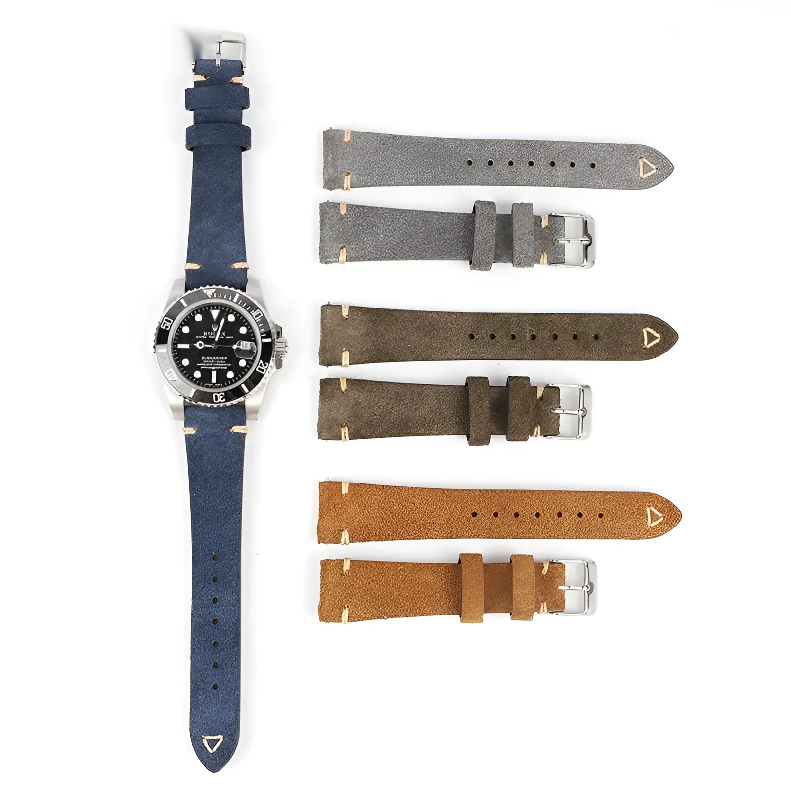 Genuine suede leather watch strap in brown, blue, gray, and army green colours showing 20mm and 22mm width options.